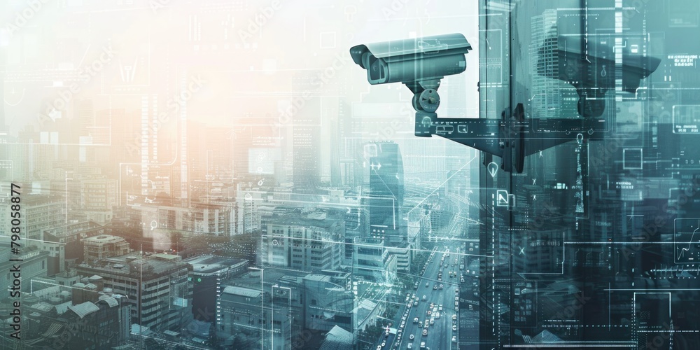 Poster A camera mounted on the side of a tall building. Suitable for surveillance or security concepts