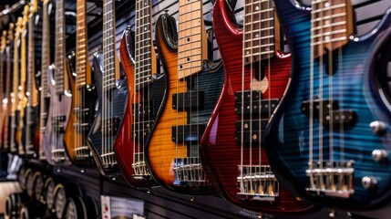 "A series of bass guitars hanging on a wall in a music store, showcasing a variety of colors and styles available to musicians." --ar 16:9 --style raw Job ID: 7168d316-f6ed-4713-a71e-03bc6901a72c