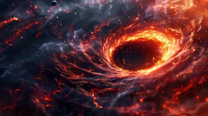 Fiery orange and yellow vortex. Glowing particles and dust in the center of a black hole. - obrazy, fototapety, plakaty