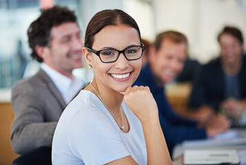 Woman, meeting and confident in office portrait with colleagues for corporate, collaboration and agenda. Business person, teamwork and planning together for project, support and communication