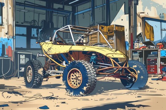 A painting of a yellow buggy parked in a garage. Suitable for automotive concepts