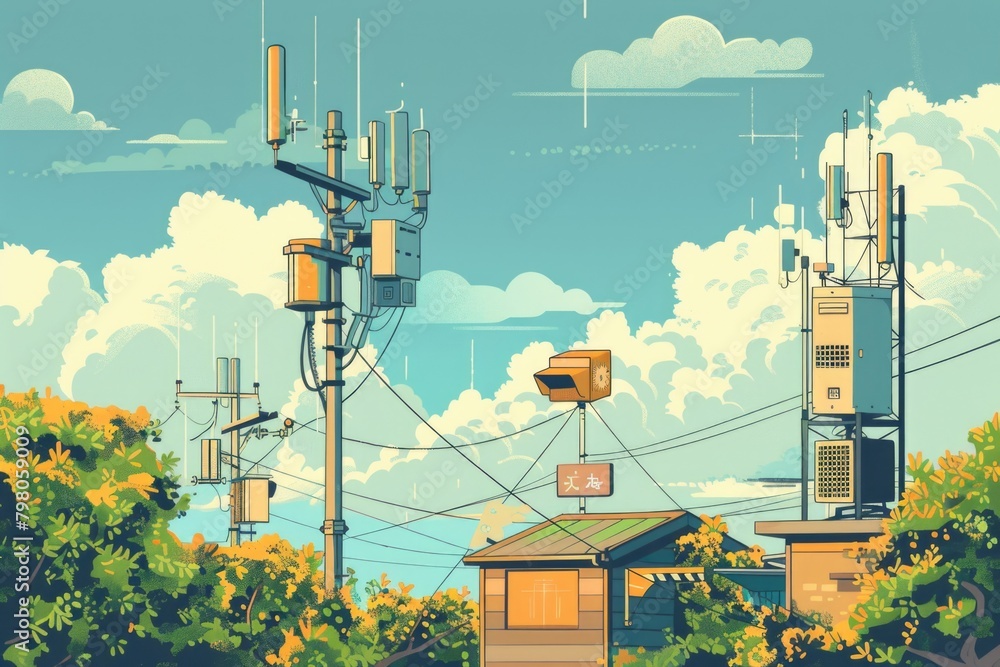 Poster a group of cell towers surrounded by trees. suitable for technology or communication concepts