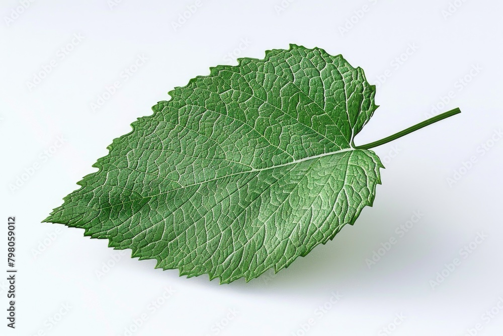 Poster a fresh green leaf isolated on a clean white background. suitable for botanical projects