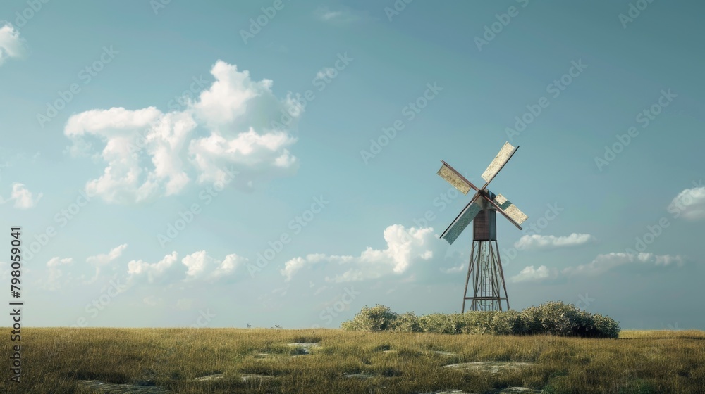 Poster a picturesque windmill standing in a vast grassy field. suitable for various projects and designs