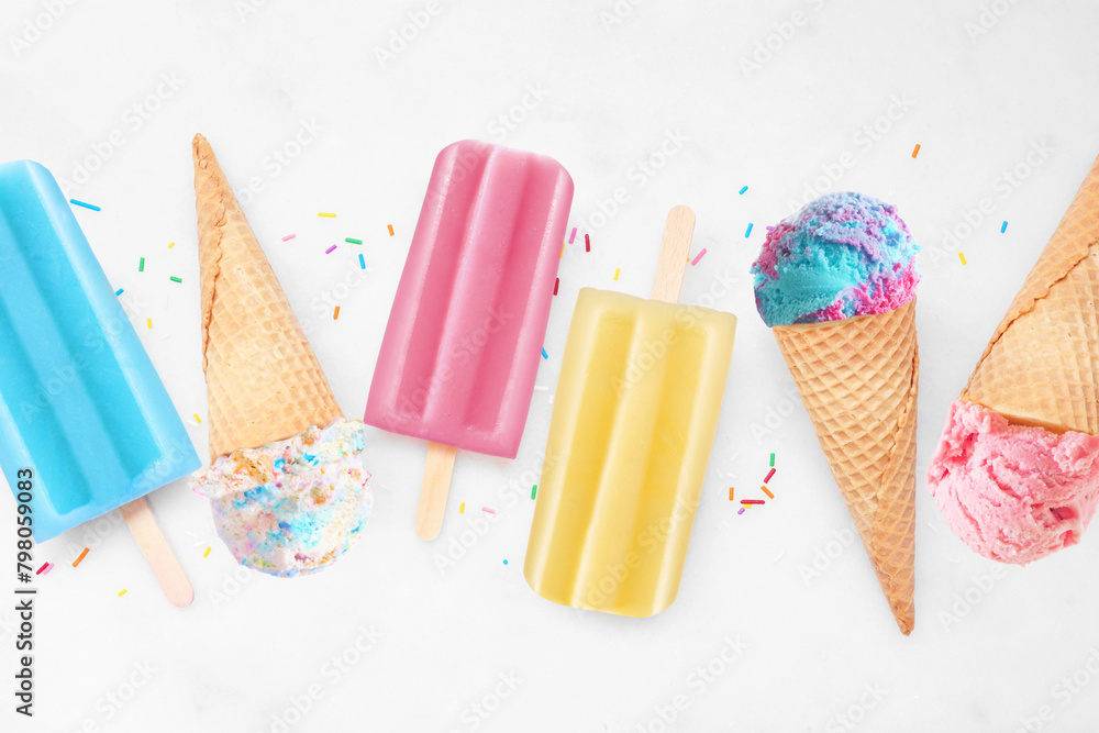 Aufkleber assortment of colorful summer popsicles and ice cream desserts. above view flat lay on a bright whit