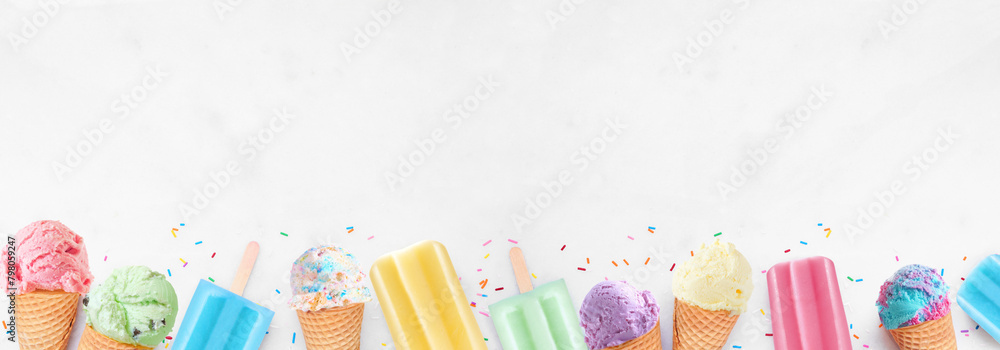 Poster assortment of colorful pastel ice cream cones and popsicle summer frozen desserts. top view bottom b