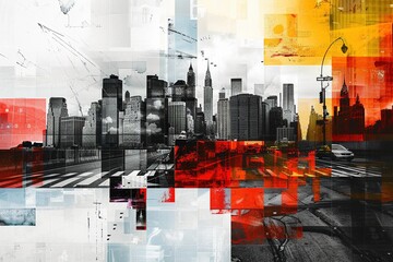 Geometric Cityscape Collage: A Splash of Orange and Red on Striped Background