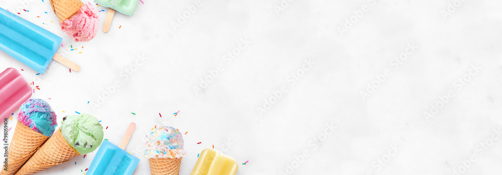Poster assorted colorful pastel ice cream cones and popsicle summer frozen desserts. top view corner border
