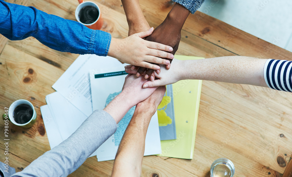 Poster Creative people, hands together and teamwork with top view in collaboration, documents or unity for project at office. Group piling above for community, agreement or meeting in startup at workplace