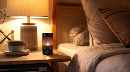 Bluetooth Speaker An elegant shot of a Bluetooth portable speaker on a bedside table, casting a warm glow in a cozy bedroom setting, offering wireless convenience