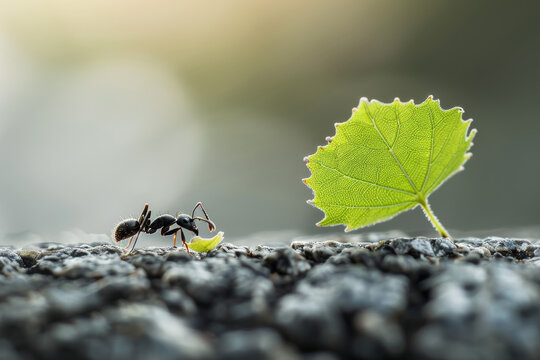 An ant carries a leaf many times its size