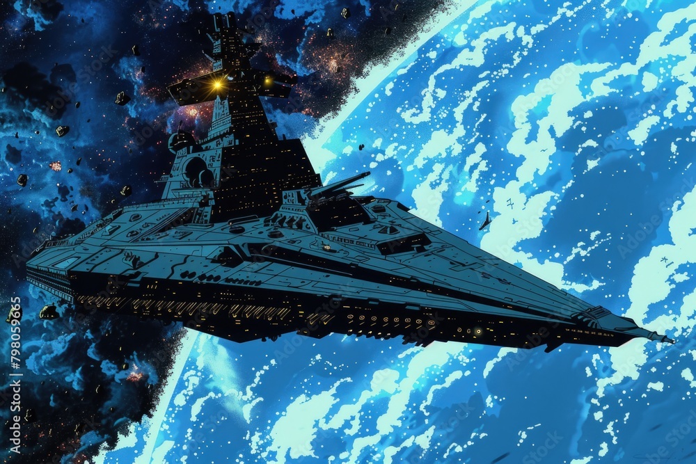 Poster a large star destroyer flying through the sky. suitable for sci-fi and space-themed projects
