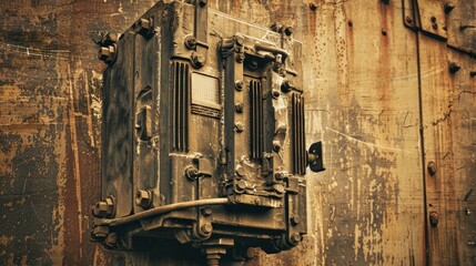 A vintage style photo of an old power transformer with rustic metal textures and a sepia tone, giving it an antique look." --ar 16:9 --style raw Job ID: fad37ff9-6eba-4bdb-a8b4-22eb34de3df2