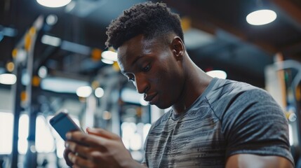 Young man using a cell phone in a gym, perfect for fitness or technology concepts