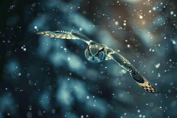  A silent owl flight over a snow-covered forest under the moonlight, epitomizing silent grace common barn owl head close up A white faced scops owl ,Ptilopsis leucotis, in a tree staring with large 