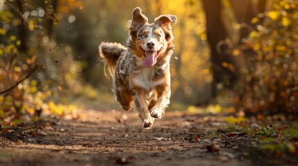 photo of an Australian Shepherd running towards the camera, full body shot, happy expression, forest path background, soft ligh