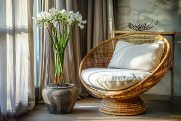 Beautiful furniture round rattan armchair interior decoration.