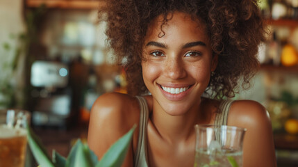 Beautiful happy woman sitting with drinks and healthy green food at home. Vegan meal and detox concept. - obrazy, fototapety, plakaty