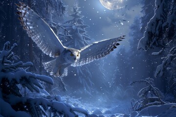  A silent owl flight over a snow-covered forest under the moonlight, epitomizing silent grace common barn owl head close up A white faced scops owl ,Ptilopsis leucotis, in a tree staring with large 