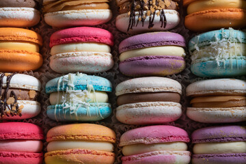 Close up of colorful macarons in a box