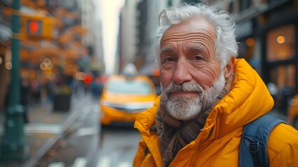 Senior man hailing a taxi in city for morning commute. Concept Senior Man, Taxi Hailing, City Morning, Commute, Transportation