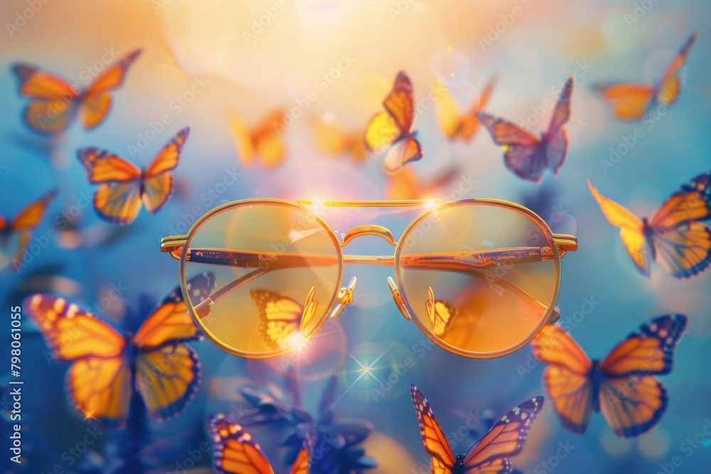 Aufkleber colorful butterflies flutter around a pair of glasses. perfect for nature or vision related concepts
