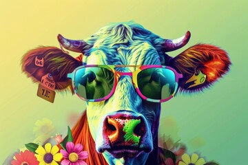 A whimsical painting of a cow wearing sunglasses and adorned with flowers. Perfect for adding a fun touch to any project