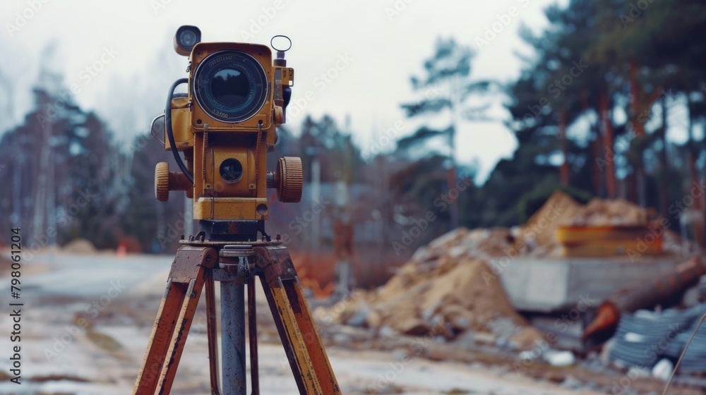 Aufkleber A camera set up on a tripod at a construction site. Suitable for construction project monitoring