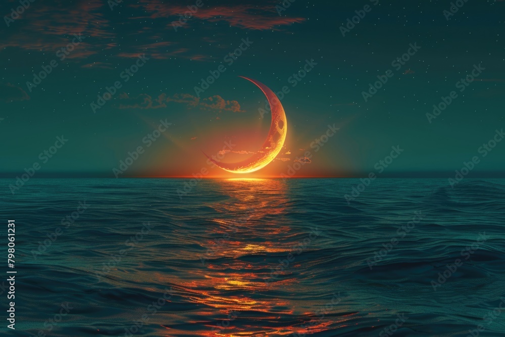 Poster a beautiful sunset over the ocean with a crescent moon in the sky. suitable for various design proje