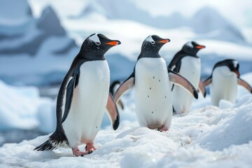 Emperor penguins. isolated on white background, A gentoo penguin couple has a tender moment on a small berg,Adelie Penguin, pygoscelis adeliae, Group Leaping into Ocean, Paulet Island in Antarctica