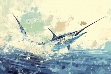 A vibrant painting of a blue marlin fish leaping out of the water. Ideal for aquatic themes and sports fishing promotions