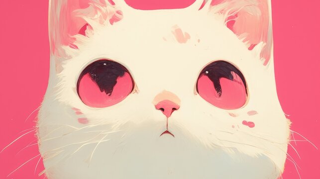 A vibrant illustration of a white cat with adorable pink ears