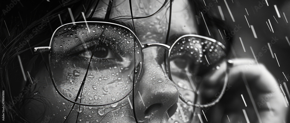 Poster a close up of a person wearing glasses in the rain. suitable for weather-related concepts