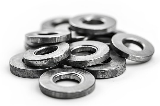 A pile of metal washers on a white surface, suitable for industrial concepts