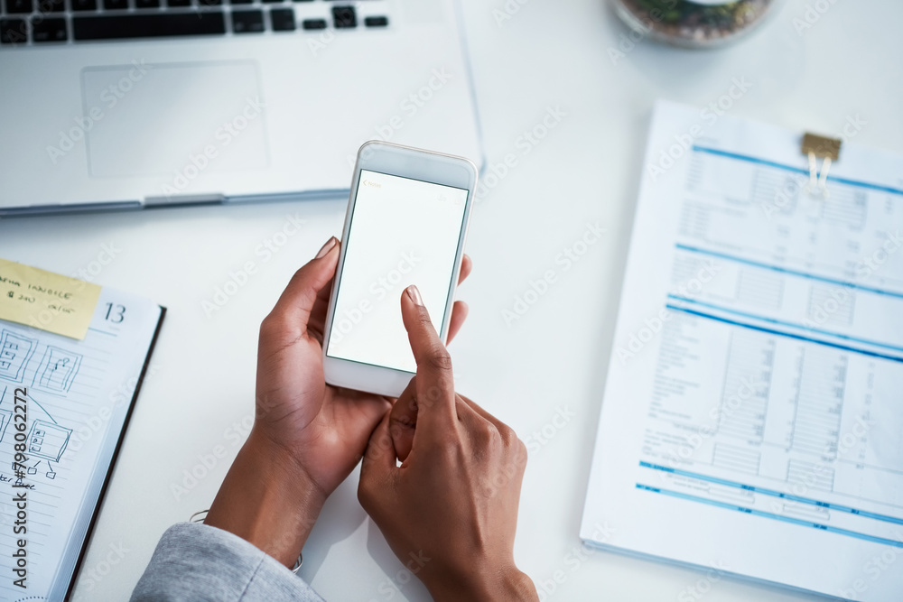 Poster office, data and hands of woman with phone screen, mockup and financial planning online. erp, busine