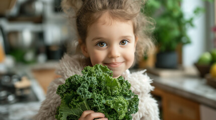 Little toddler girl in a white fluffy jacket holds a bunch of fresh kale and is about to drink a green smoothie in the kitchen.  - obrazy, fototapety, plakaty