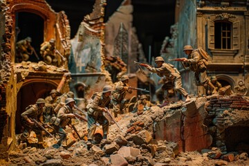 Group of soldiers standing in front of a ruined building, suitable for war or conflict themed projects