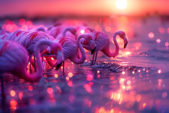 Flamingo bird animal set photo isolated on white background. This has clipping path. pink flamingos during a brilliant sunset ,Beautiful flamingos walking in the water with green grasses background.