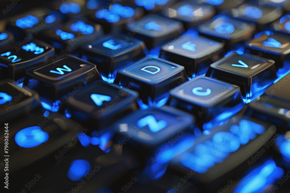 Poster Close up of a keyboard with blue keys, suitable for technology concepts