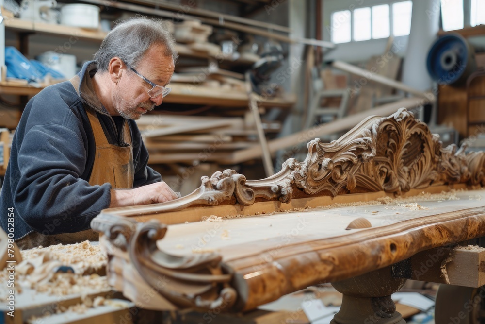 Poster a man working on a piece of wood. suitable for carpentry or diy projects
