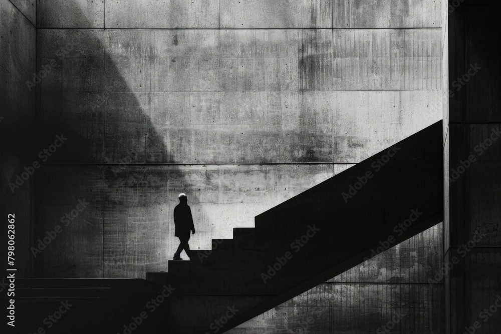 Poster A man walking up a set of stairs, suitable for business and motivation concepts