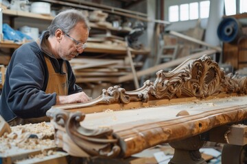 A man working on a piece of wood. Suitable for carpentry or DIY projects
