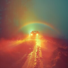 A car is driving down a road with a rainbow in the background