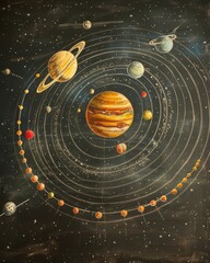 A painting of the solar system with the sun in the center