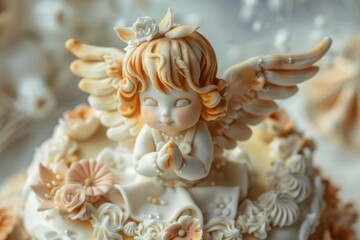 Fototapeta premium A cake with a little angel on top. Ideal for bakery and celebration concepts