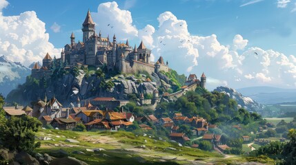 Fantasy world kingdom illustration design with towers and fortresses	