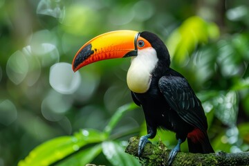 Fototapeta premium A vibrant toucan perched in the Amazon rainforest, its vivid colors standing out against the green foliage,Keel-billed Toucan, Ramphastos sulfuratus, bird with big bill sitting on the branch in 