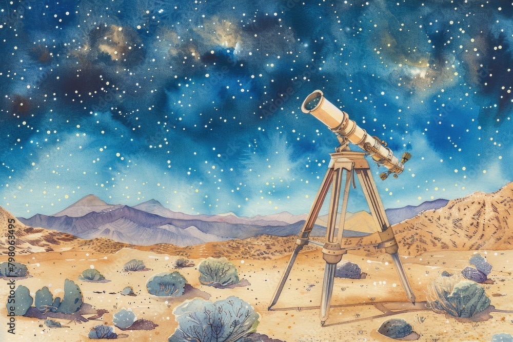 Poster a painting of a telescope on a tripod in the desert. ideal for educational materials or astronomy en