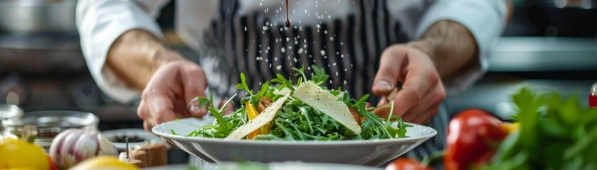 A chef is preparing a salad with a sprinkle of salt