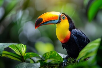 A vibrant toucan perched in the Amazon rainforest, its vivid colors standing out against the green foliage,Keel-billed Toucan, Ramphastos sulfuratus, bird with big bill sitting on the branch in 